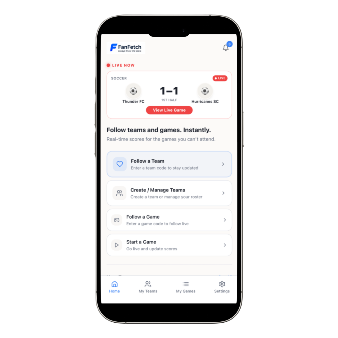 FanFetch live game view showing real-time score